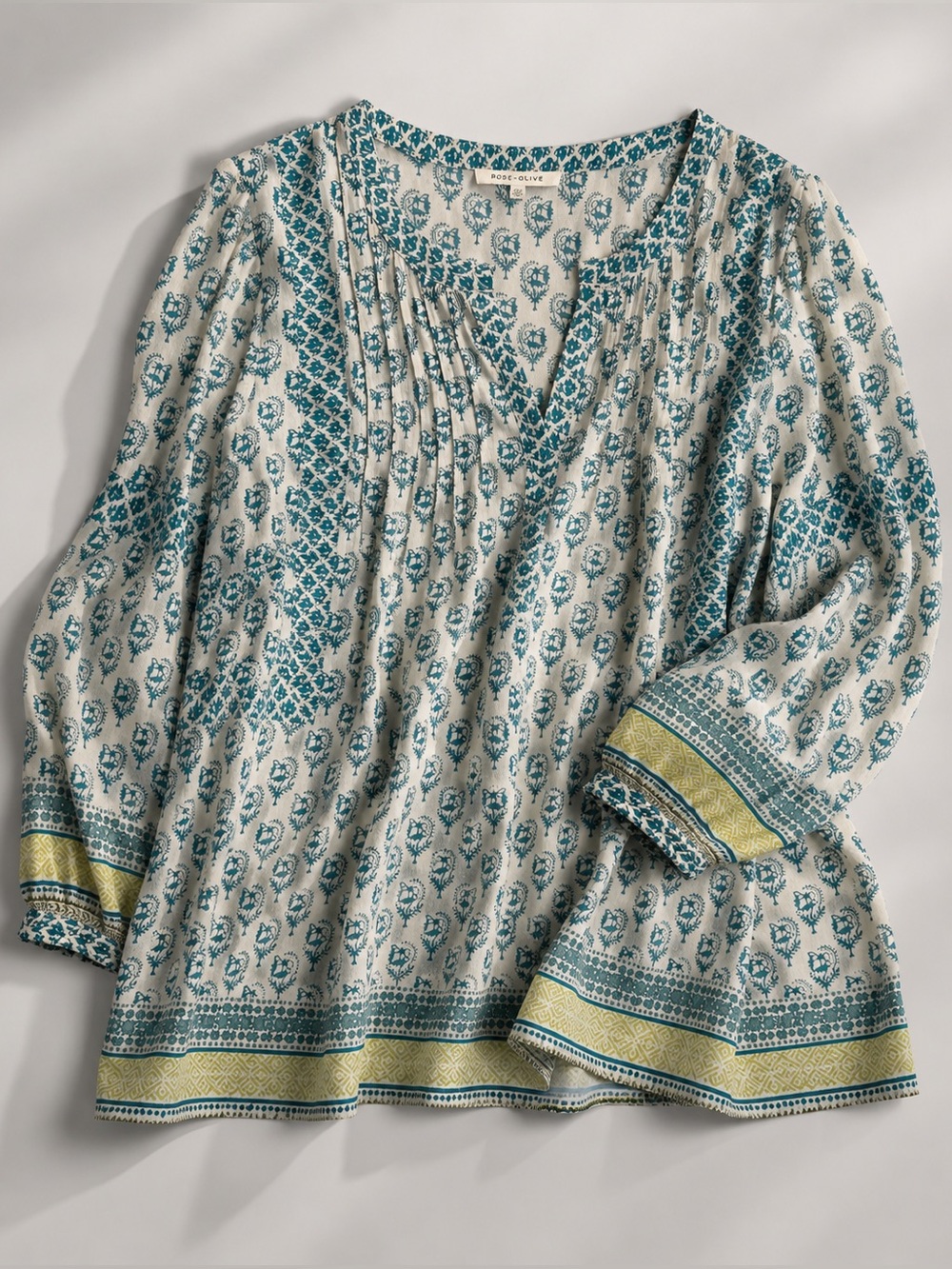 Rose + Olive 2X Floral Boho Peasant Tunic Top Teal Ivory Flowy Festival Cottage